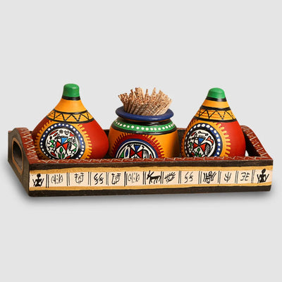 'Matkis On The Table' Terracotta Warli Salt & Pepper Shaker With Toothpick Holder & Wooden Tray