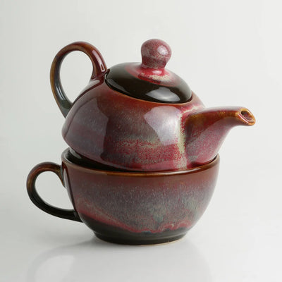 'Kettle-Cup Of Maroon Dusk' Studio Pottery Glazed Tea Set In Ceramic