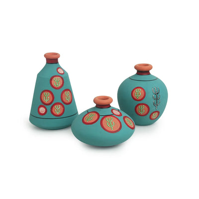 Desert Matki Trio' Hand-Painted Vases In Terracotta (Set of 3 | Turquoise Blue)