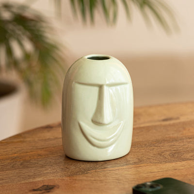 'Tribal Smiling Face' Decorative Ceramic Vase (Handglazed, 5.3 Inches)