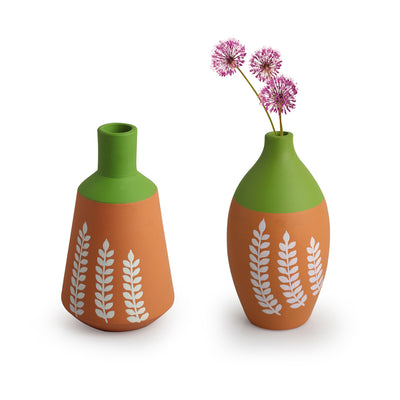'Floral Harmony' Hand-Painted Decorative Terracotta Vases (Set of 2, 6.5 Inches)