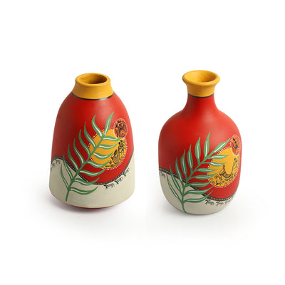 Leafy Warli Tales' Hand-Painted Terracotta Vases (Set of 2, Red)