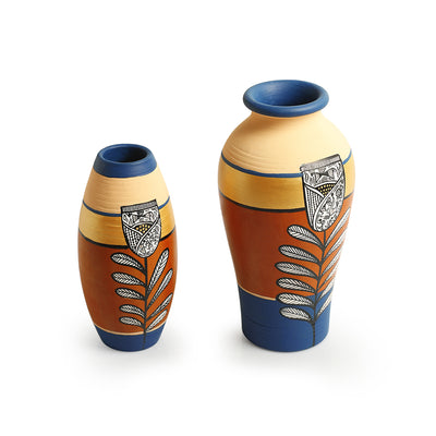 Tulip Warli Tales' Hand-Painted Terracotta Vases (Set of 2, Brown & Blue)