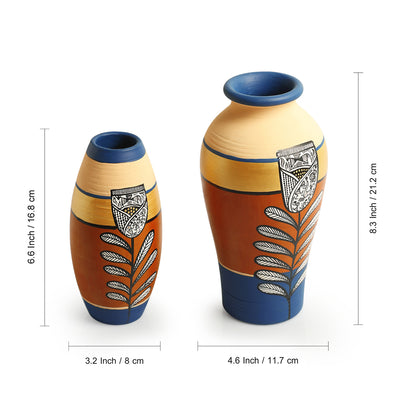 Tulip Warli Tales' Hand-Painted Terracotta Vases (Set of 2, Brown & Blue)