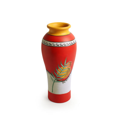 Leafy Warli Tales' Hand-Painted Terracotta Vase (Red)