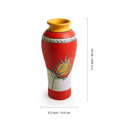 Leafy Warli Tales' Hand-Painted Terracotta Vase (Red)