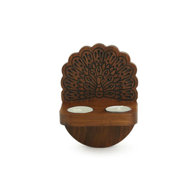 'The Dancing Peacock' Hand Carved Wall Tea Light Holder in Sheesham Wood