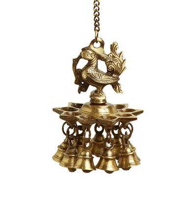 Paradise Peacock Hand-Etched Decorative Brass Hanging Diya With Bell (Set of 2, 9 Diyas & Bells)