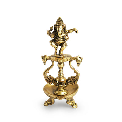 Handcarved 'Ganesha' Brass Diya (1 Wick, 7.9 Inches, 20 ml, 0.8 Kg, Hand-Etched)