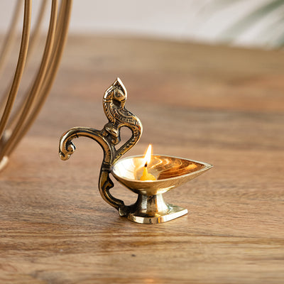 Handcarved 'Peacock' Brass Diya (1 Wick, 4.3 Inches, 18 ml, 0.2 Kg, Hand-Etched)