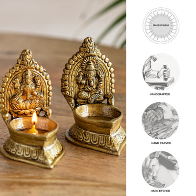 Handcarved 'Laxmi Ganesha Pair' Brass Diyas (Set of 2, Hand-Etched, 4.2 Inches, 20 ml, 1.16 Kg)
