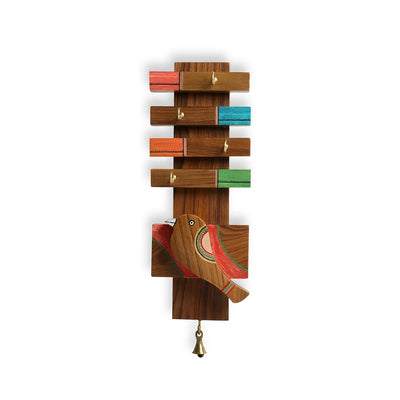 'Sparrow' Key Holder In Teak Wood (4 Hooks, Hand-Painted)