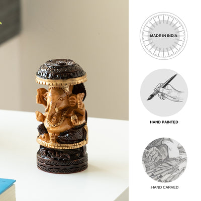 Enlightened Ganesha' Idol Decorative Showpiece Figurine (Wooden, Hand-Carved, 5.1 Inches)