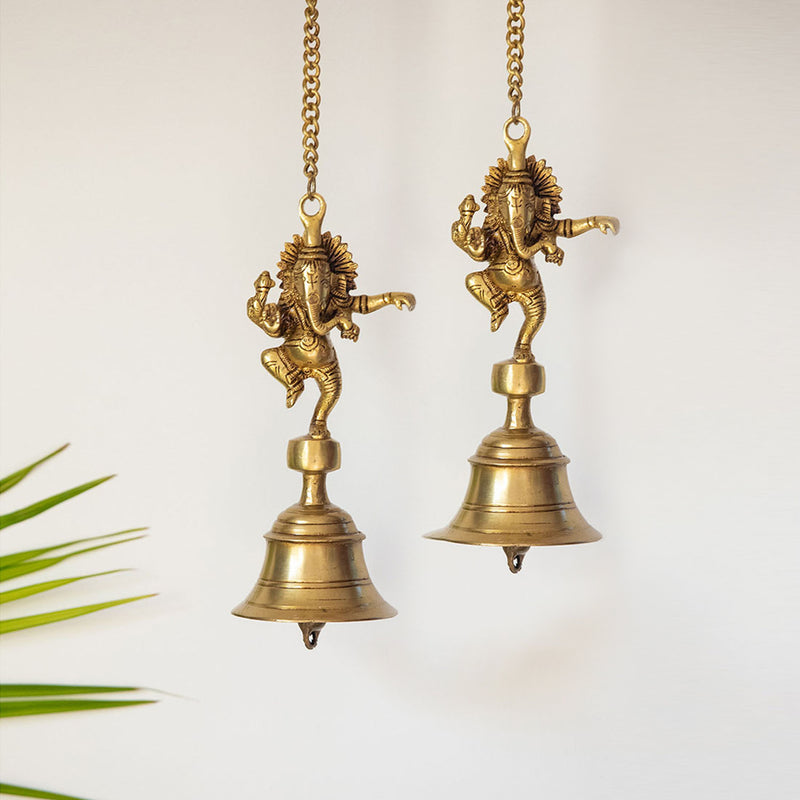 Dancing Ganpati Hand-Etched Decorative Hanging Bell In Brass (Set of 2)