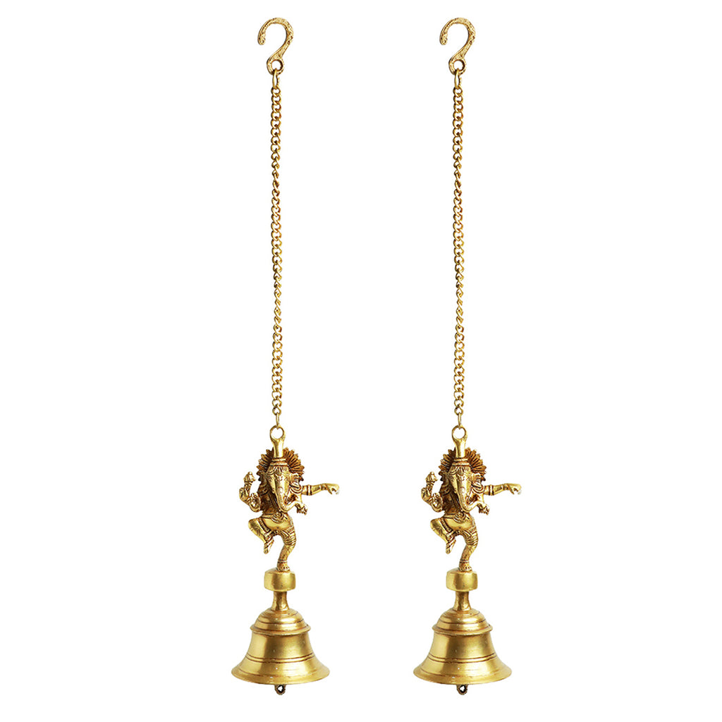 Dancing Ganpati Hand-Etched Decorative Hanging Bell In Brass (Set of 2)