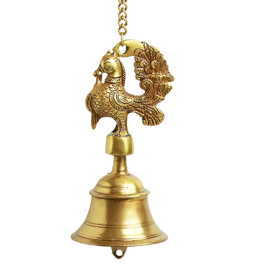 Elegant Peacock Hand-Etched Decorative Hanging Bell In Brass (Set of 2)