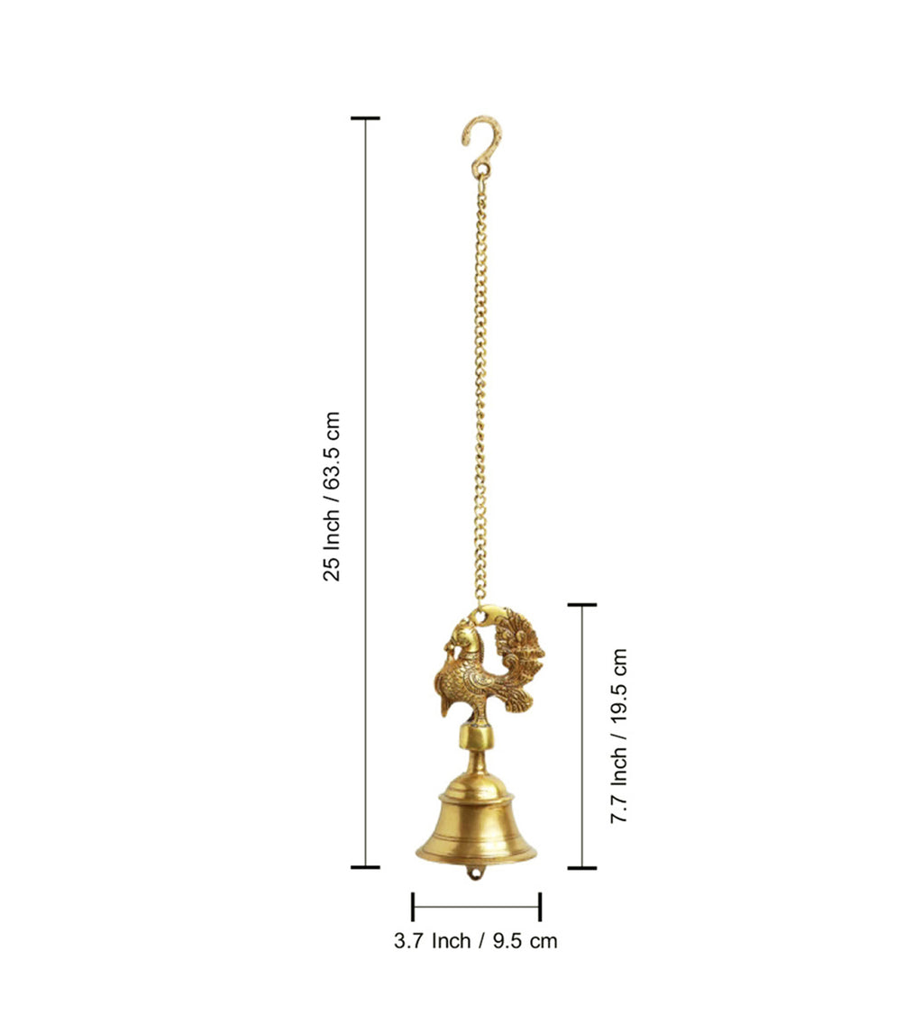 Elegant Peacock Hand-Etched Decorative Hanging Bell In Brass (Set of 2)