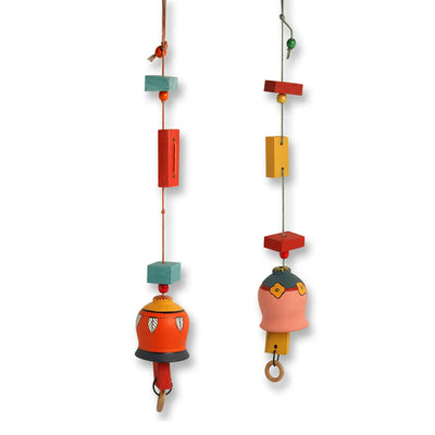 'Tuned Melody' Wood & Terracotta Decorative Hanging (Set Of 2, Multicolored, Hand-Painted)