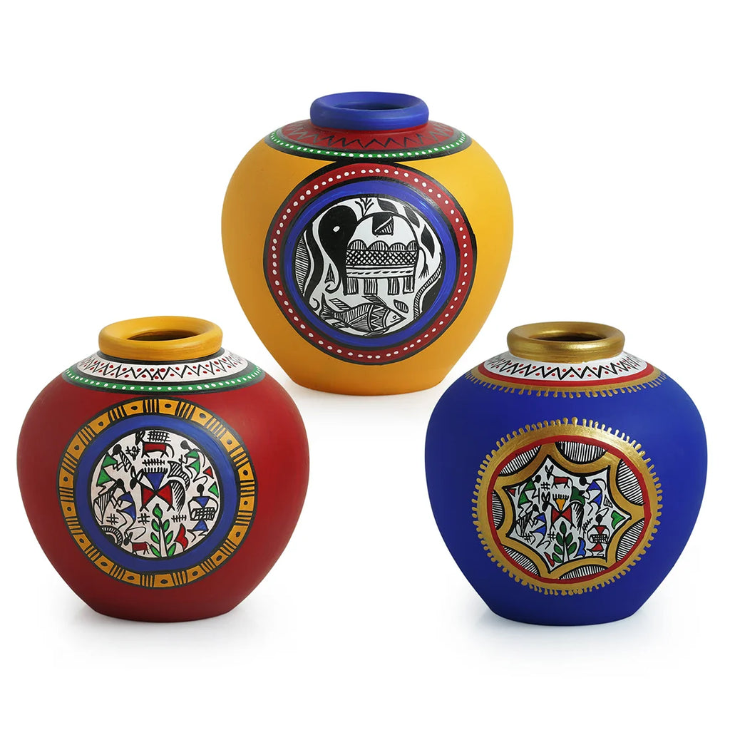 Combo Of Terracotta Handpainted Vases (Set Of 3)
