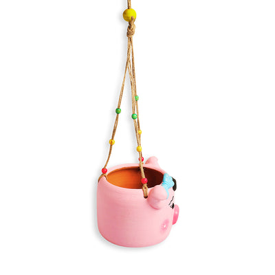 Oinking Piglet' Hanging Planter Pot In Terracotta (4.5 Inch, Handmade & Hand-Painted, Pink)