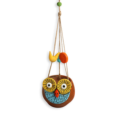 Night Owl' Hanging Planter Pot In Terracotta (5.6 Inch, Handmade & Hand-Painted, Brown)