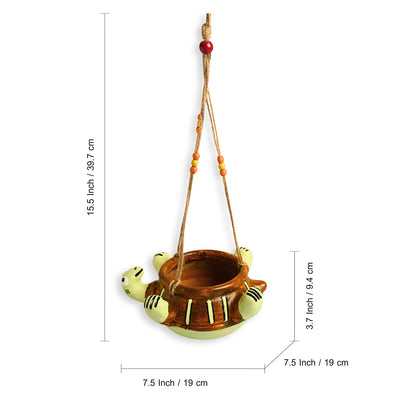 Toppled Turtle' Hanging Planter Pot In Terracotta (3.7 Inch, Handmade & Hand-Painted, Brown)