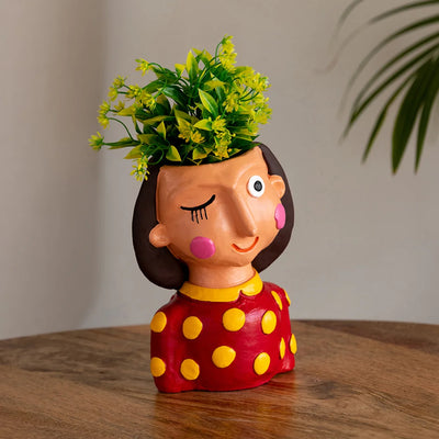 'Winking Lady' Handmade & Hand-Painted Terracotta Table Planter Flower Pot (7.5 Inch, Multicolored)