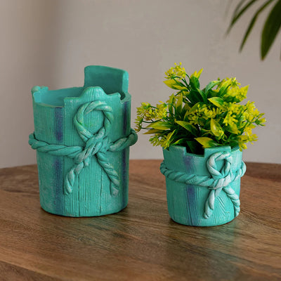 'Wrapped Gift' Handmade & Hand-Painted Terracotta Table Planters Flower Pots (Set of 2, 5.8 & 3.5 Inch, Blue)