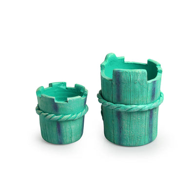'Wrapped Gift' Handmade & Hand-Painted Terracotta Table Planters Flower Pots (Set of 2, 5.8 & 3.5 Inch, Blue)