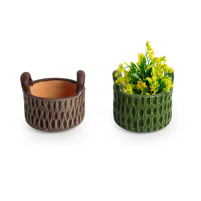 'Tree Trunks' Handmade & Hand-Painted Terracotta Table Planters Flower Pots (Set of 2, 4.8 Inch, Green & Brown)