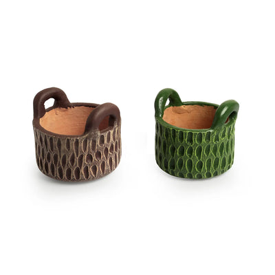 'Tree Trunks' Handmade & Hand-Painted Terracotta Table Planters Flower Pots (Set of 2, 4.8 Inch, Green & Brown)