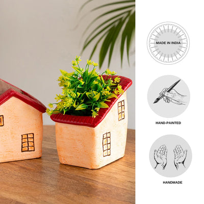 'Homely Cottages' Handmade & Hand-Painted Terracotta Table Planters Flower Pots (Set of 2, 6.1 & 5.7 Inches, Peach)