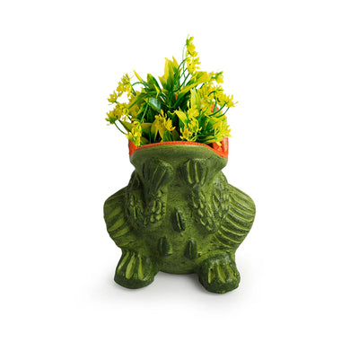 'Croaking Frog' Handmade & Hand-Painted Terracotta Table Planter Flower Pot (5.9 Inch, Green)