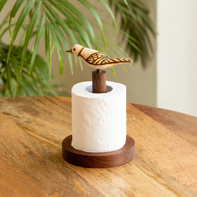 Soaring Bird' Handcrafted Toilet Roll Holder In Sheesham Wood (Handcarved & Pyrographed)