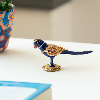 Meenakari 'Singing Parrot' Decorative Showpiece Figurine (Metal, Hand-Painted, 4 Inches)