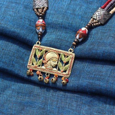 Tribal Queen Carved' Bohemian Brass Necklace Handcrafted In Dhokra Art (Matinee)