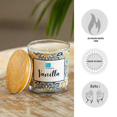 Vanilla' Handmade Wax Jar Scented Candle (28 Hours Burn Time, Soy Blend, 150 Grams, Reusable Jar)