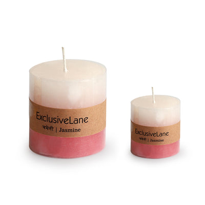 Jasmine' Handmade Wax Pillar Scented Candles (Set of 2, 8 & 30 Hours Burn Time, Soy Blend, 100 & 320 Grams)