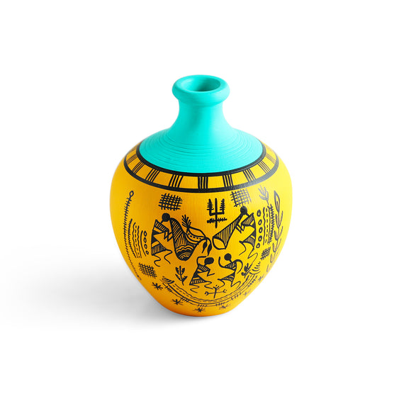 ExclusiveLane 'Warli Tales' Hand-Painted Terracotta Vases (Set of 2, Yellow & Turquoise)