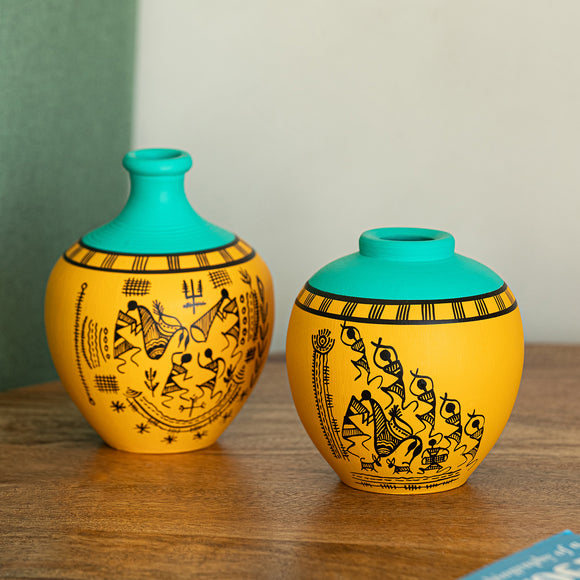 ExclusiveLane 'Warli Tales' Hand-Painted Terracotta Vases (Set of 2, Yellow & Turquoise)