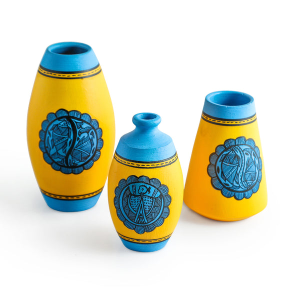 ExclusiveLane 'Madhubani Tales' Hand-Painted Terracotta Vases (Set of 3, Marigold Yellow & Cool Blue)