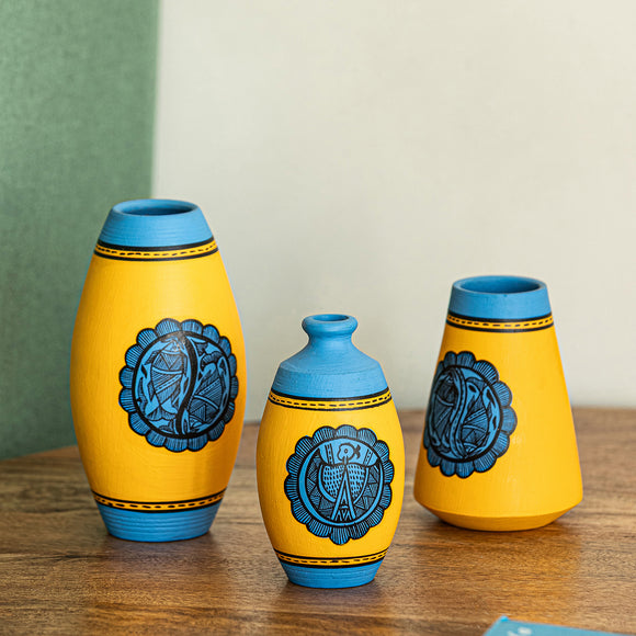 ExclusiveLane 'Madhubani Tales' Hand-Painted Terracotta Vases (Set of 3, Marigold Yellow & Cool Blue)