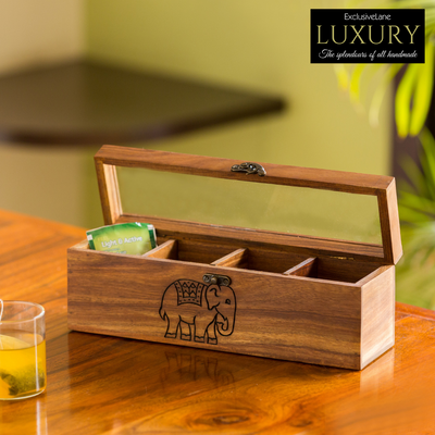 'The Elephant Warriors' Hand Carved Multi-Utility Tea Box In Sheesham Wood (4 Compartments)