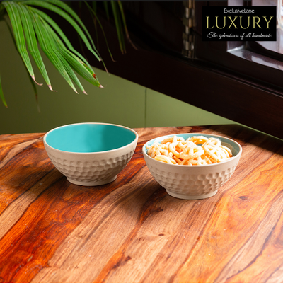 Earthen Turquoise' Hand Glazed Serving Bowls In Ceramic (Set of 2 | 350 ML | Microwave Safe)