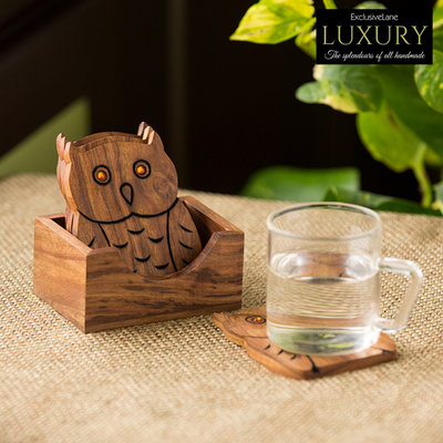'An Owlsome Day' Coasters & Stand With Hand Carved Owl Motif In Sheesham Wood (Set Of 4)