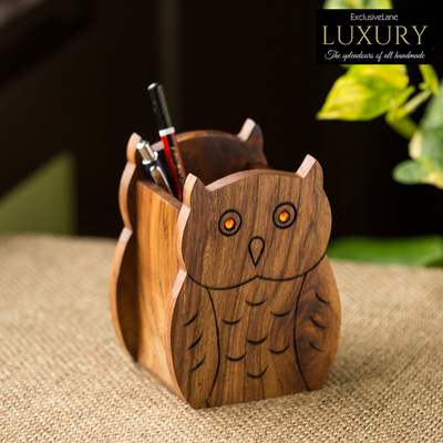 'The Two Hooting Owls' Table Organiser With Hand Carved Owl Motif In Sheesham Wood