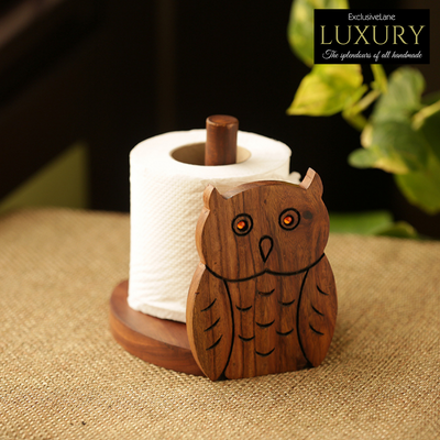 'Owl On A Roll' Toilet Roll Holder With Hand Carved Owl Motif In Sheesham Wood