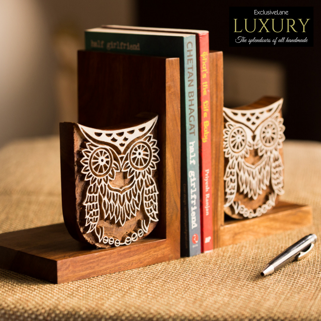 Wooden Hand Engraved Owl Book End In Sheesham Wood