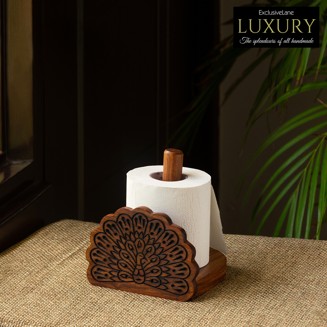 ExclusiveLane 'Bird Collection' Brown Elegant Sheesham Wooden Tissue Roll  Holder for Bathroom, Kitchen | Tissue Roll Dispenser for Bathroom, Table 