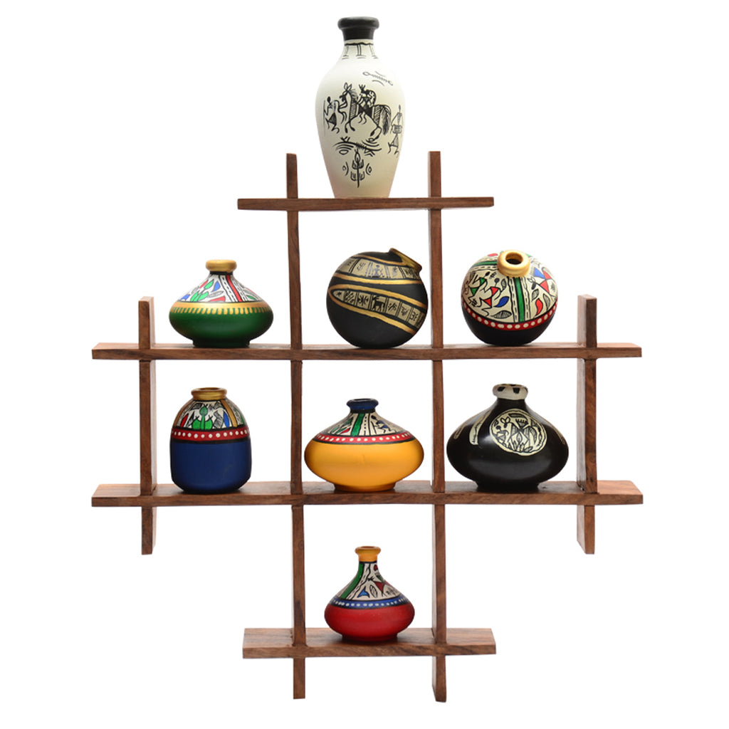 8 Terracotta Warli Handpainted Pots With Sheesham Wooden Frame Wall Hanging